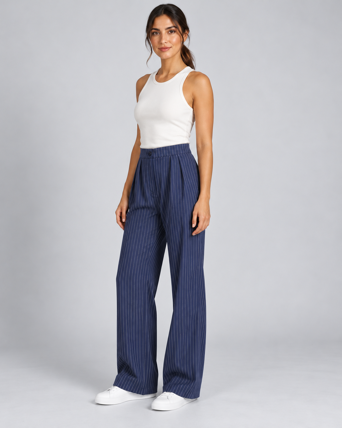 LILA Navy Blue pinstripe tailored pants - three-quarter view
