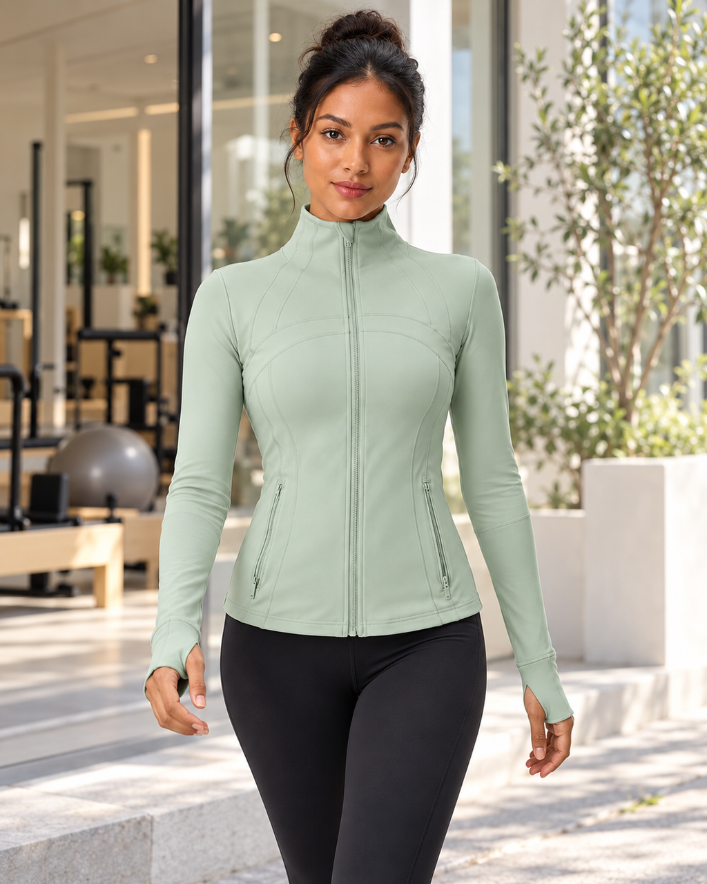 LOU jade green performance jacket — lifestyle view
