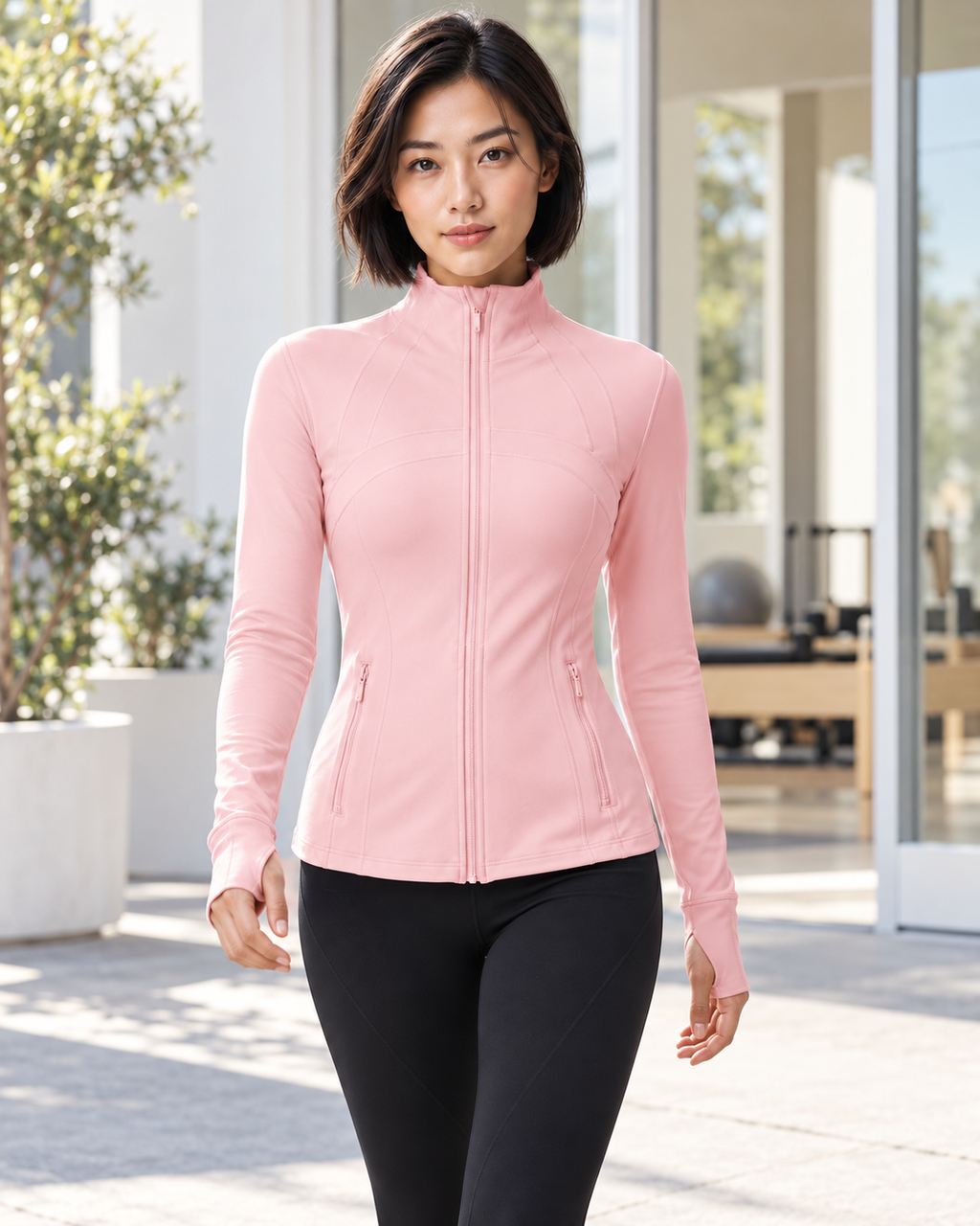 LOU strawberry powder pink performance jacket — lifestyle view