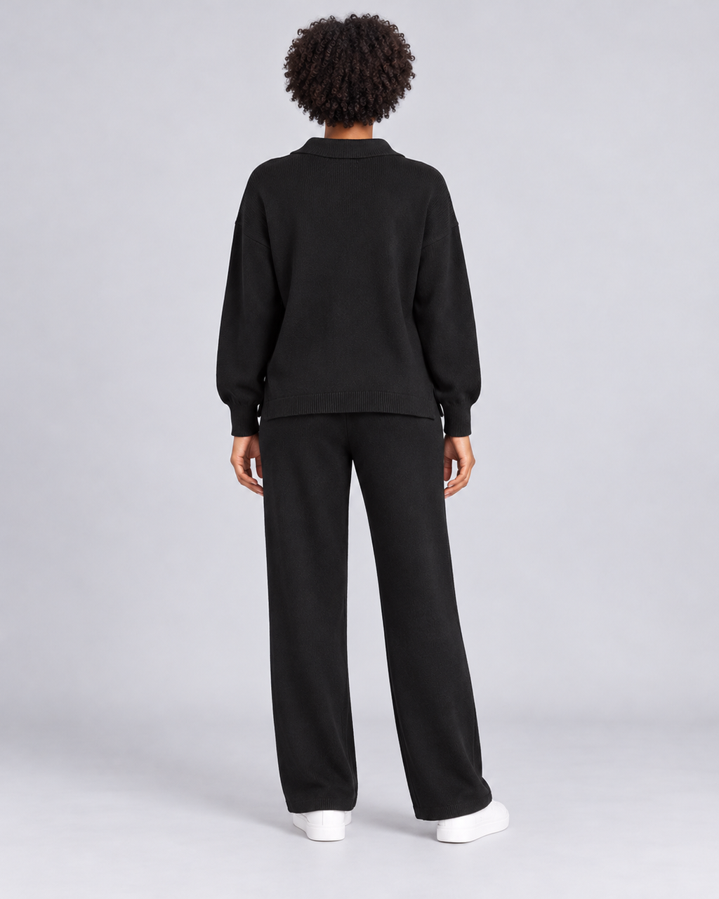 NADIA black collared pullover and straight-leg trousers - back view