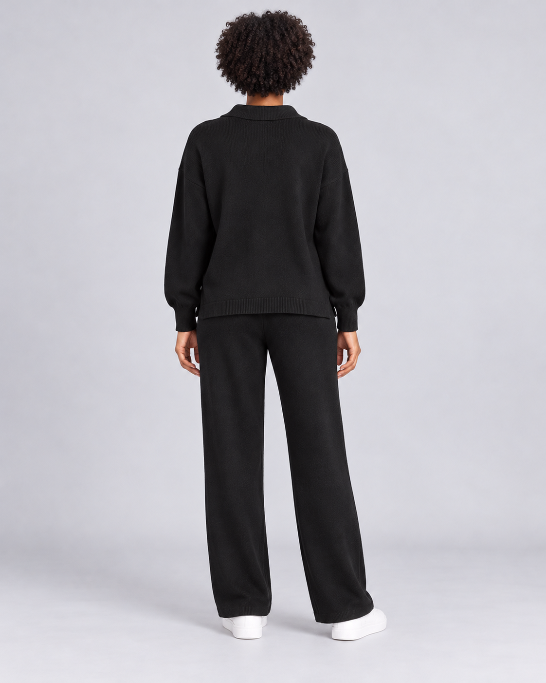 NADIA black collared pullover and straight-leg trousers - back view