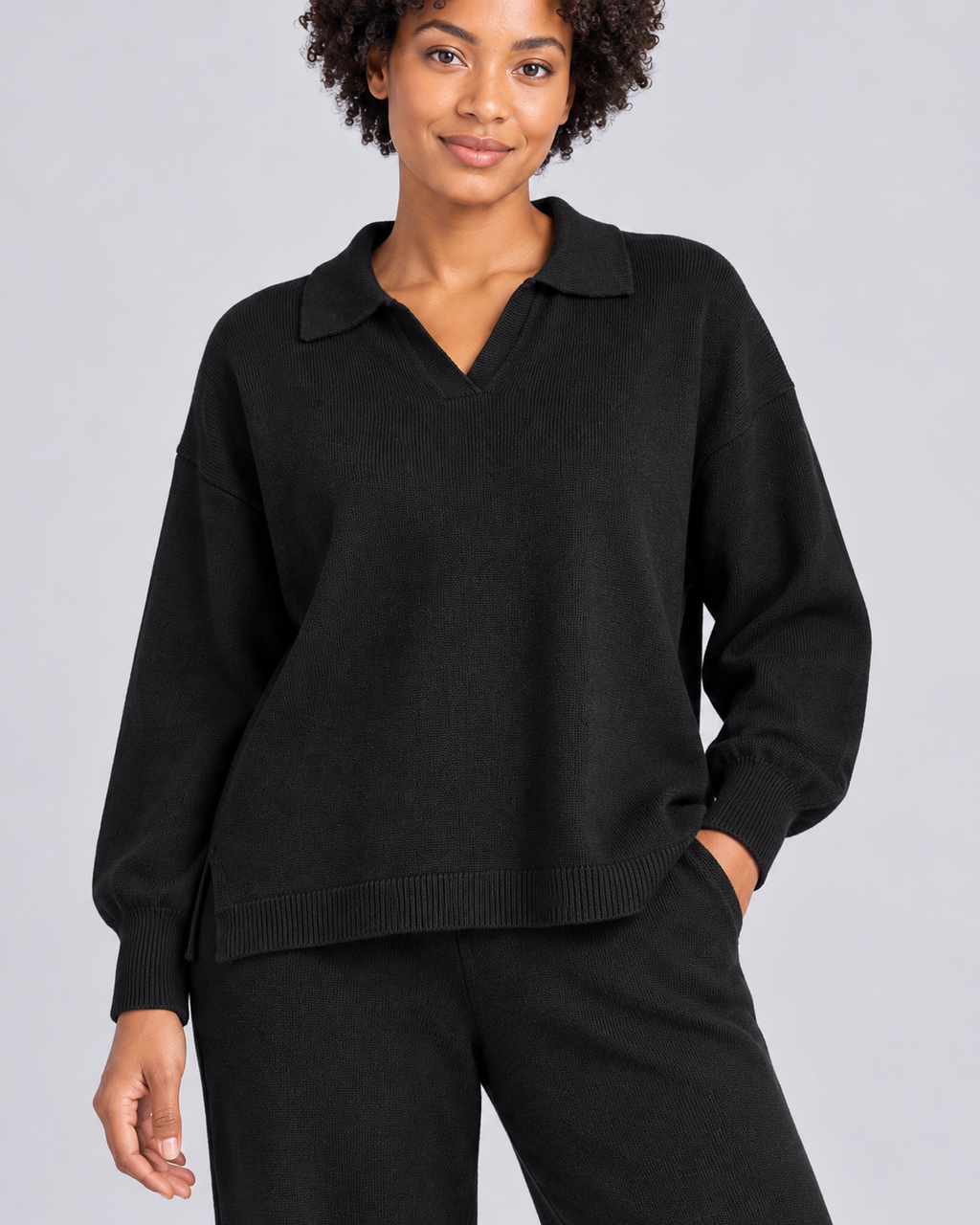 NADIA black collared pullover and straight-leg trousers - fabric-detail view