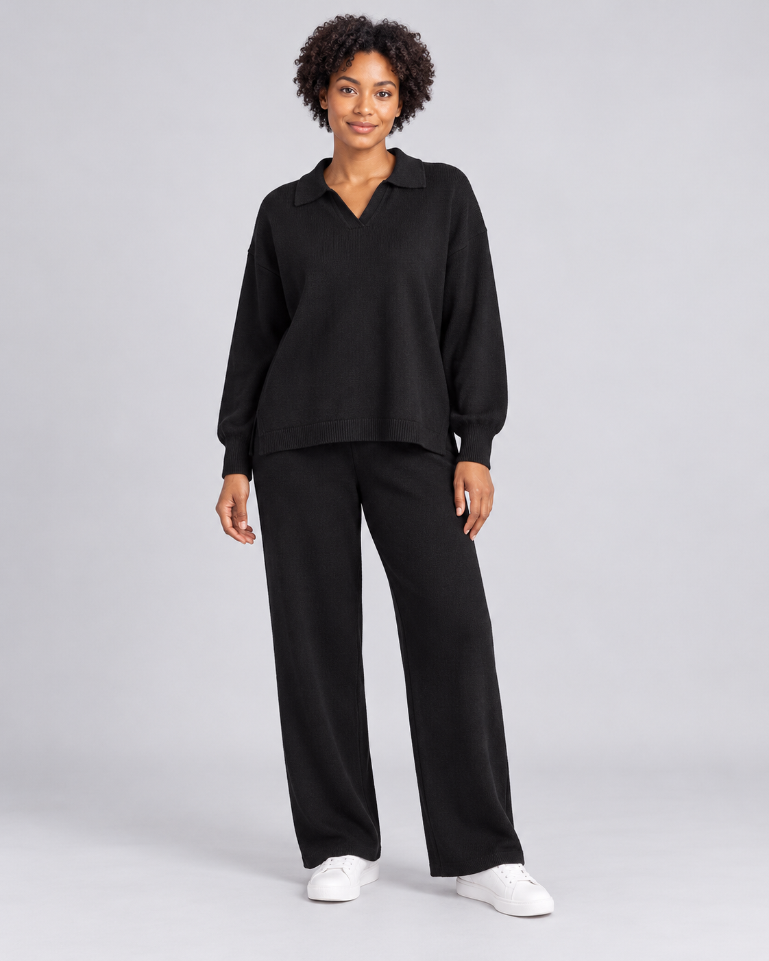 NADIA black collared pullover and straight-leg trousers - front view