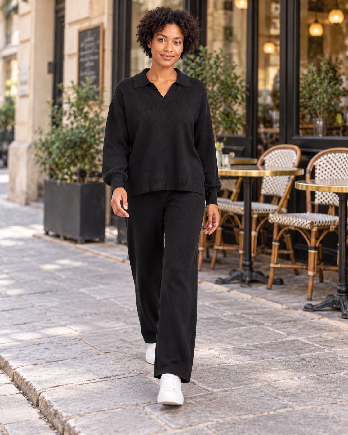 NADIA black collared pullover and straight-leg trousers - lifestyle view