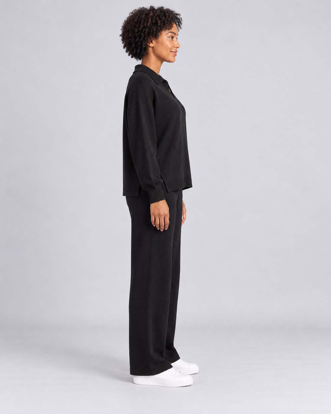 NADIA black collared pullover and straight-leg trousers - side view
