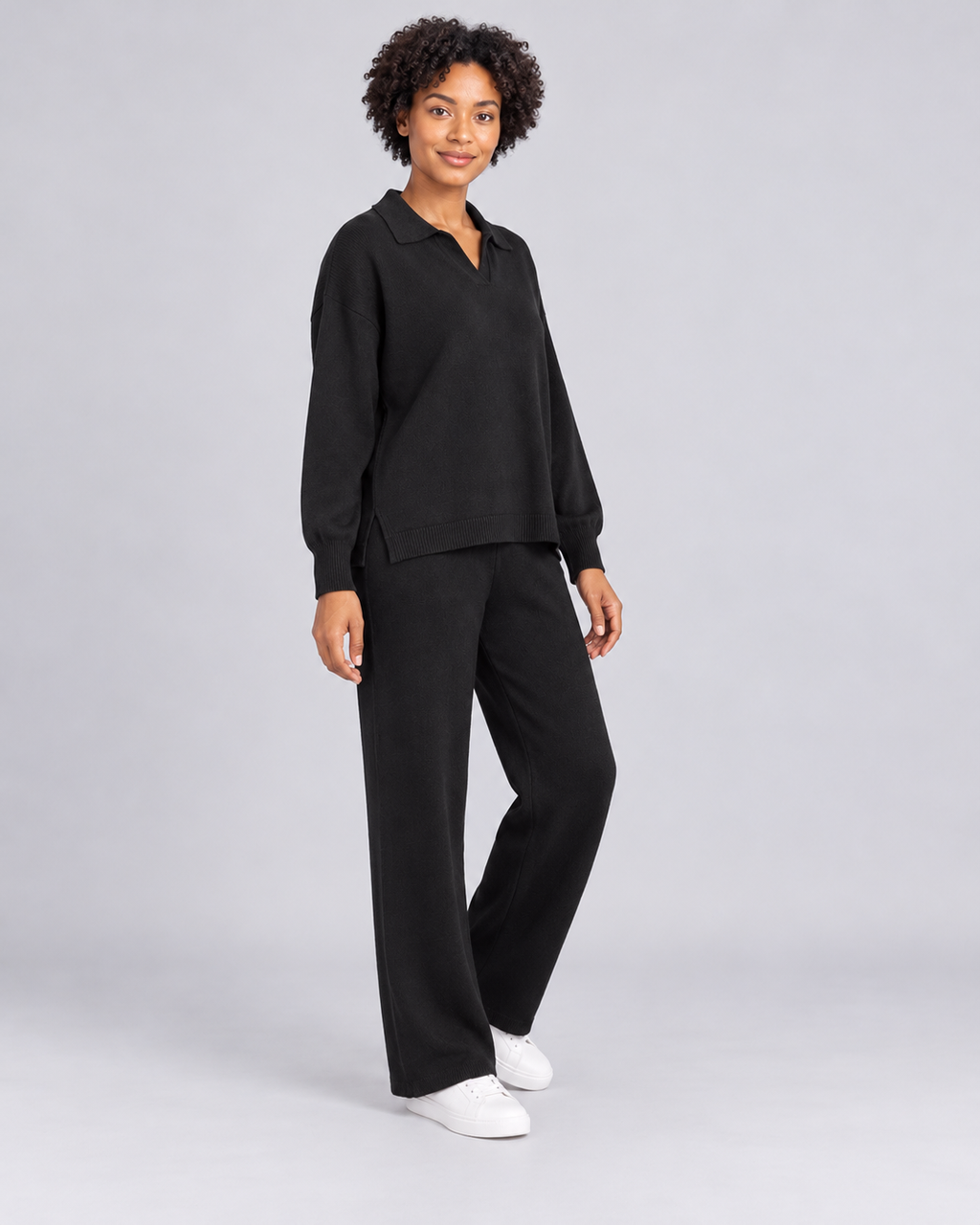 NADIA black collared pullover and straight-leg trousers - three-quarter view