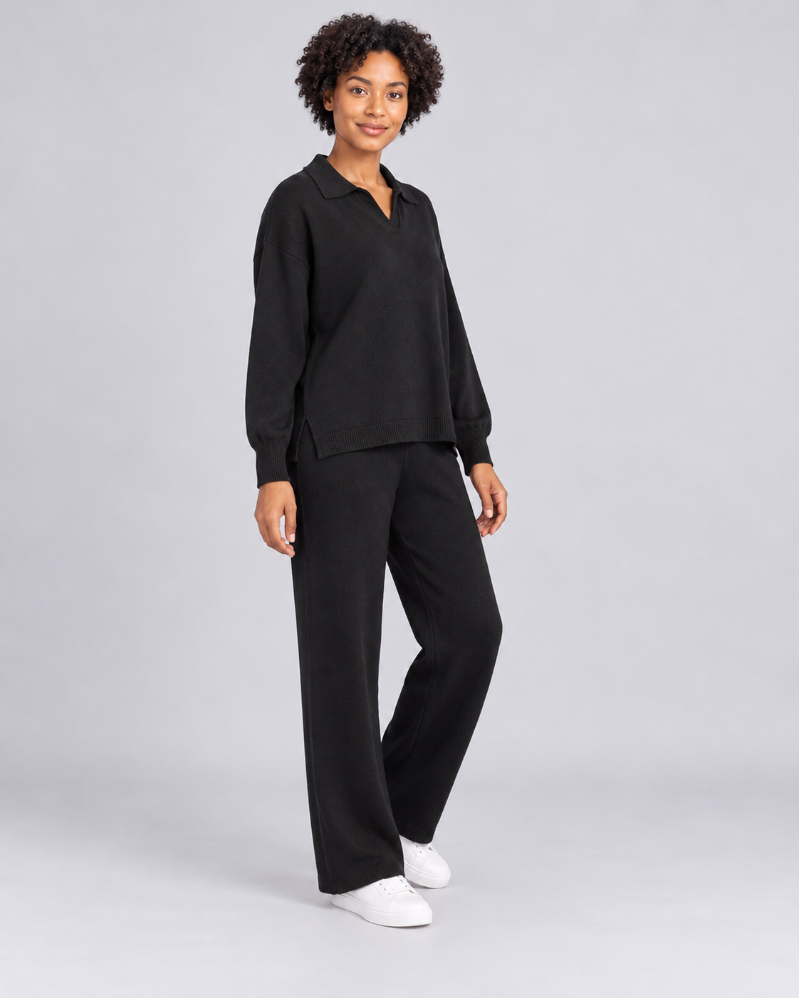 NADIA black collared pullover and straight-leg trousers - three-quarter view