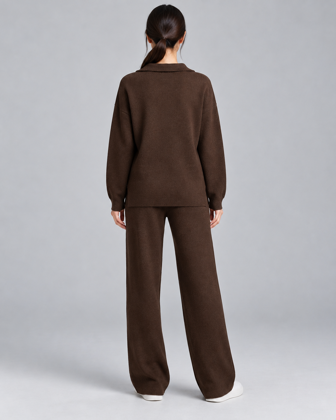 NADIA brown collared pullover and straight-leg trousers - back view