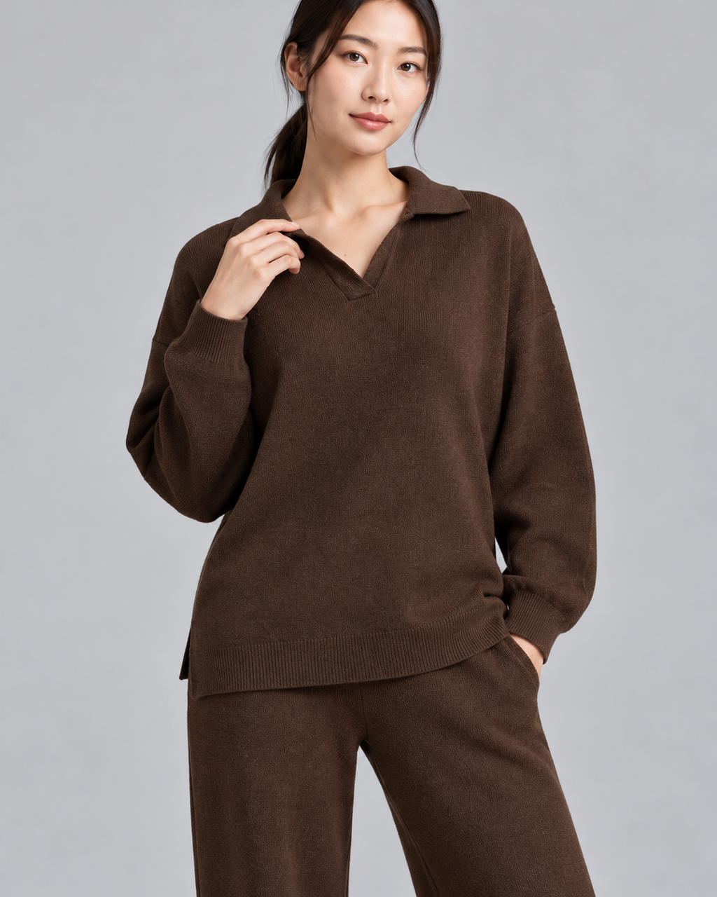 NADIA brown collared pullover and straight-leg trousers - fabric-detail view