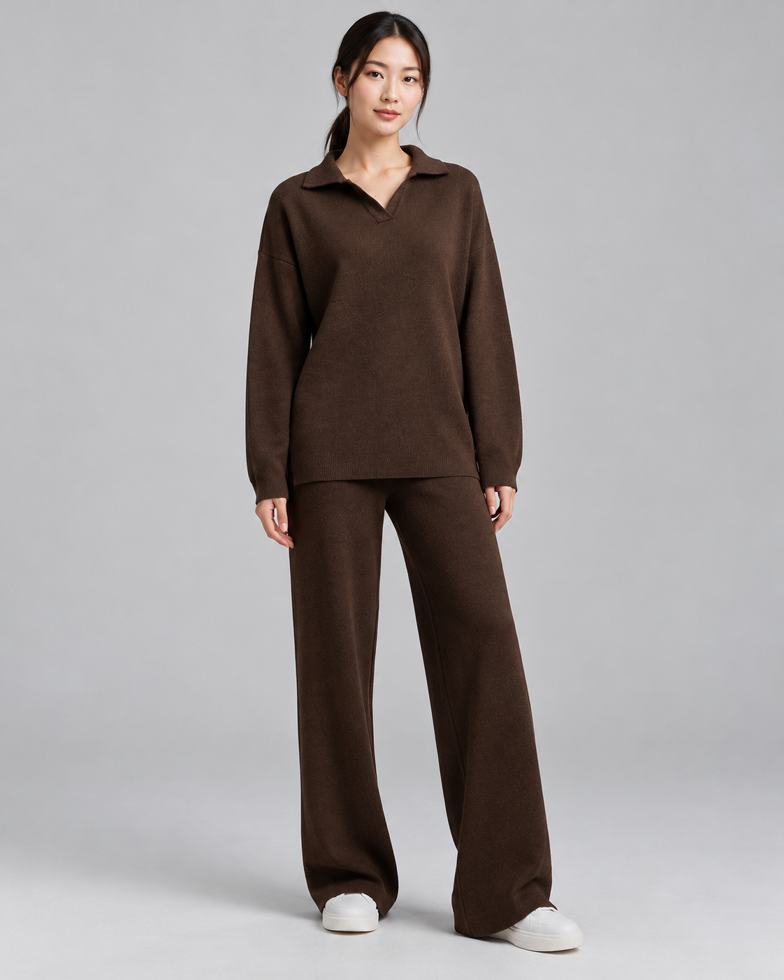 NADIA brown collared pullover and straight-leg trousers - front view