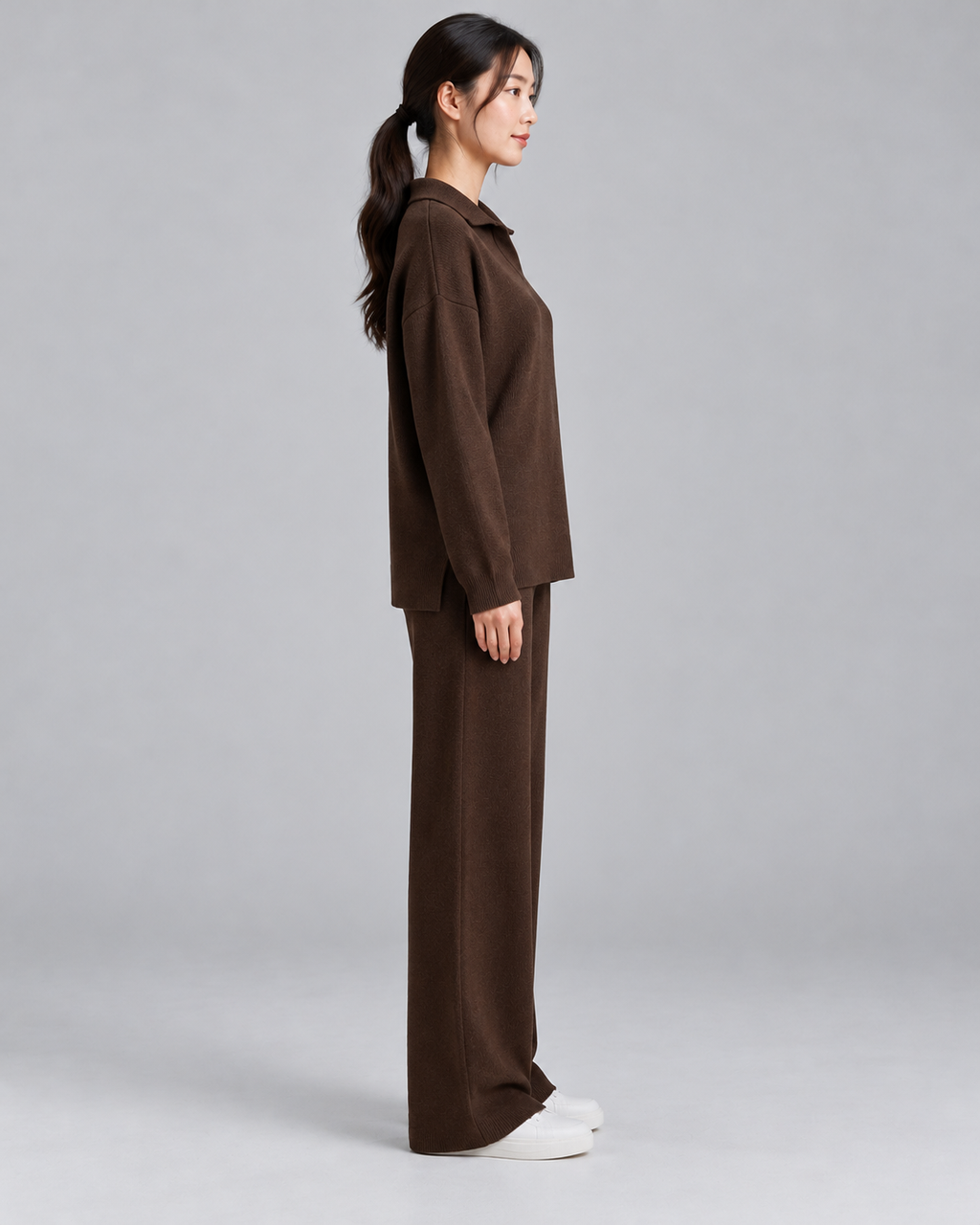 NADIA brown collared pullover and straight-leg trousers - side view