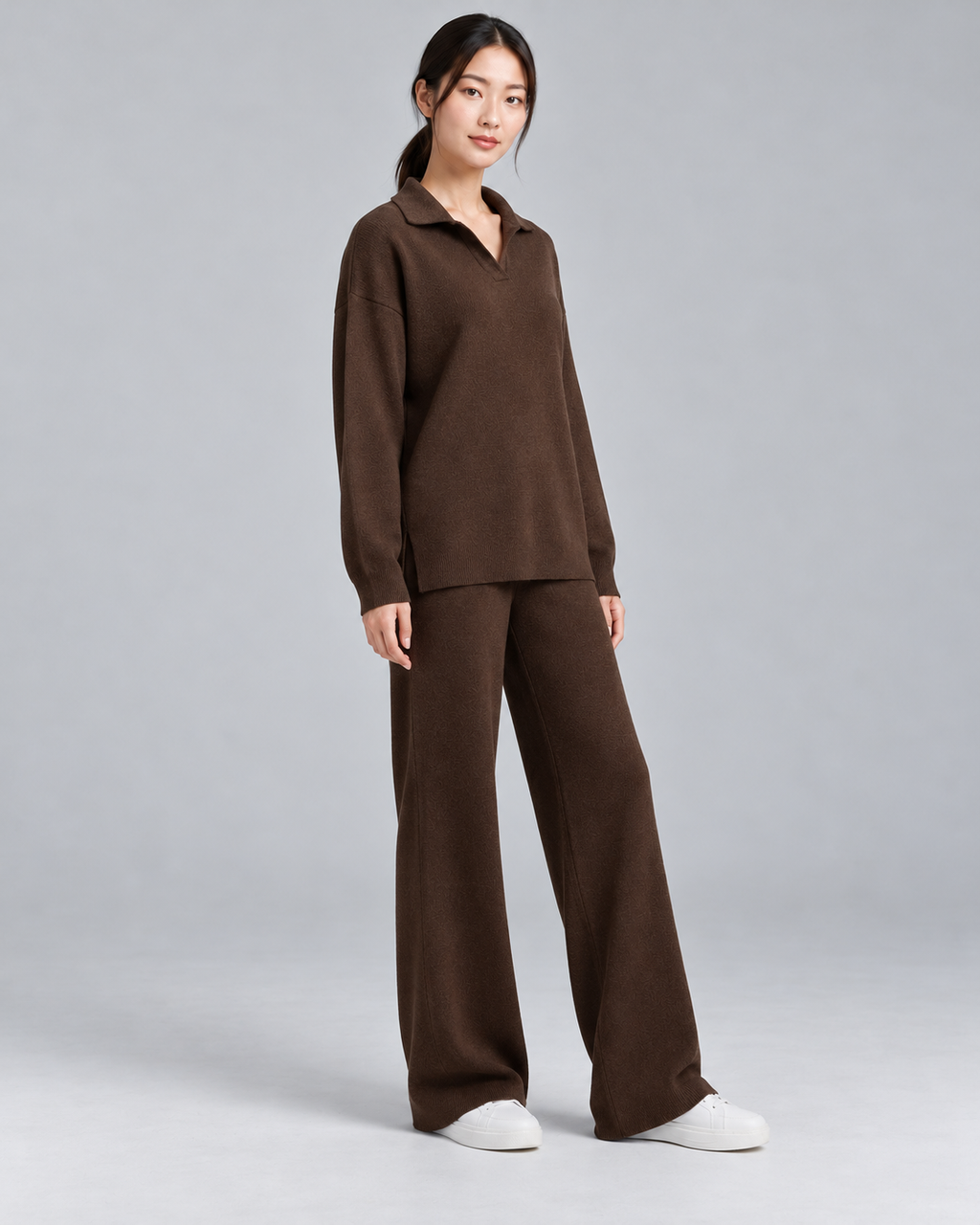 NADIA brown collared pullover and straight-leg trousers - three-quarter view