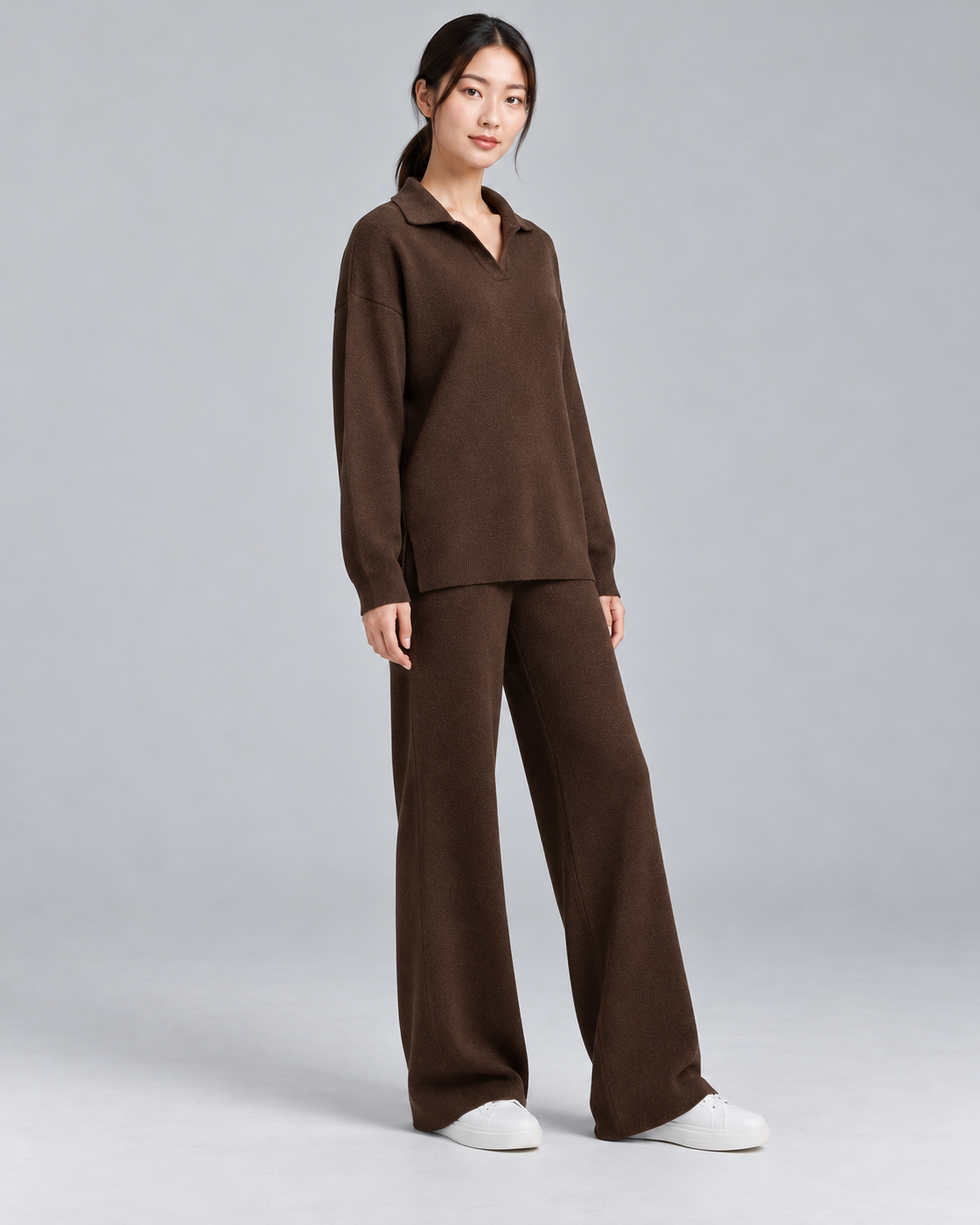 NADIA brown collared pullover and straight-leg trousers - three-quarter view