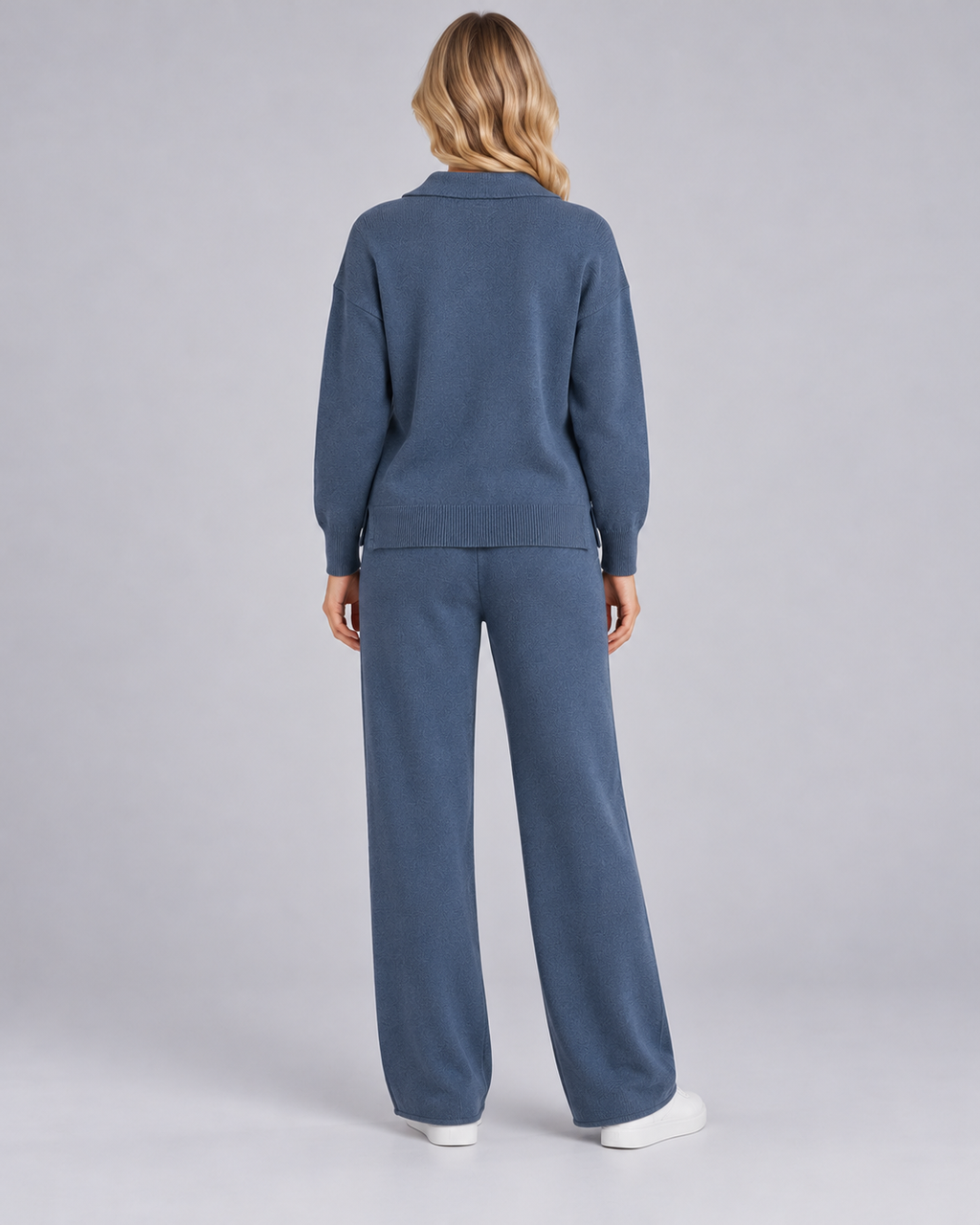 NADIA haze-blue collared pullover and straight-leg trousers - back view