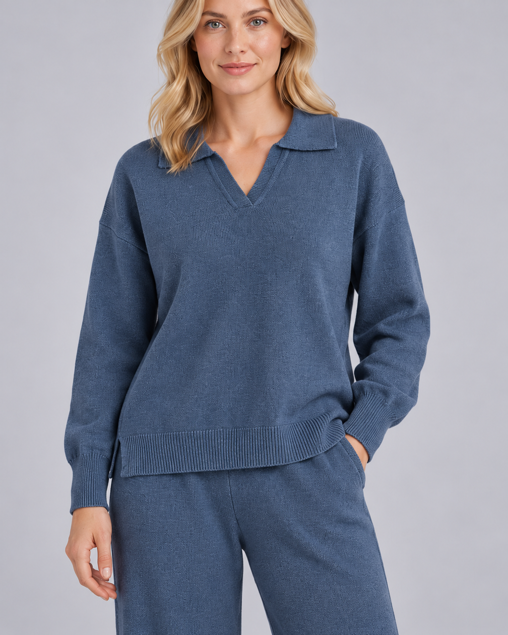 NADIA haze-blue collared pullover and straight-leg trousers - fabric-detail view