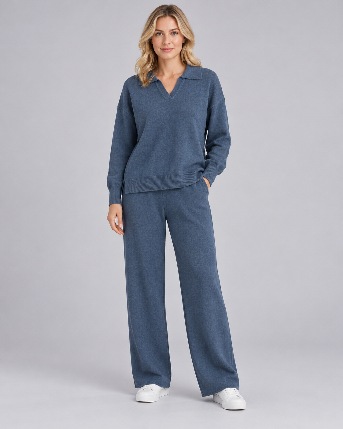 NADIA haze-blue collared pullover and straight-leg trousers - front view
