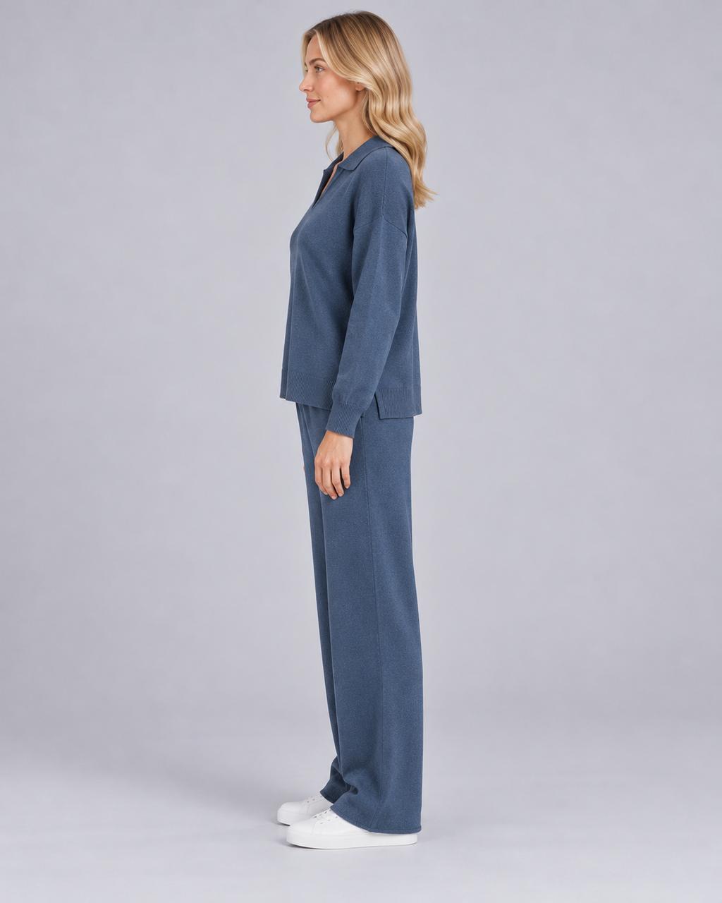 NADIA haze-blue collared pullover and straight-leg trousers - side view