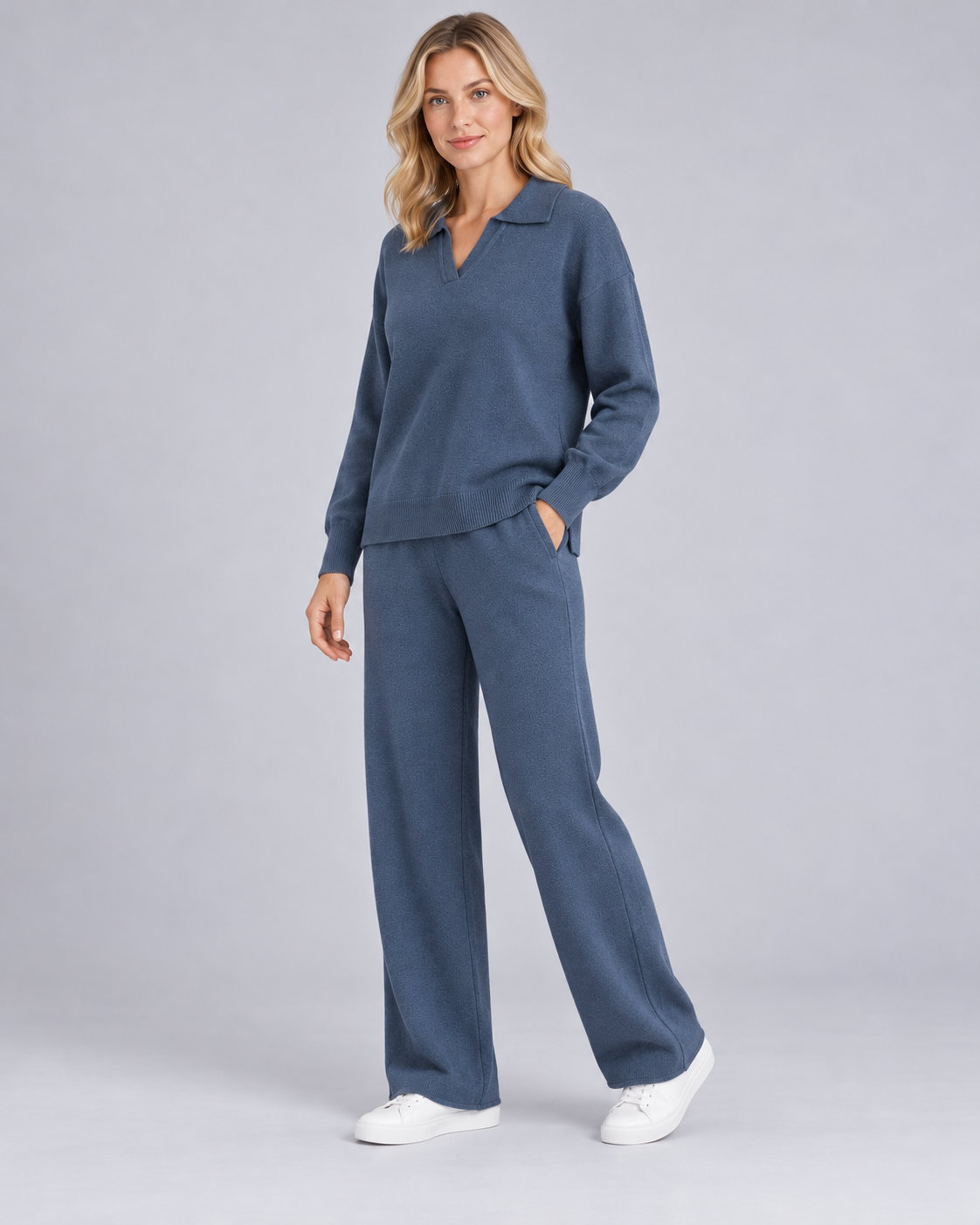 NADIA haze-blue collared pullover and straight-leg trousers - three-quarter view