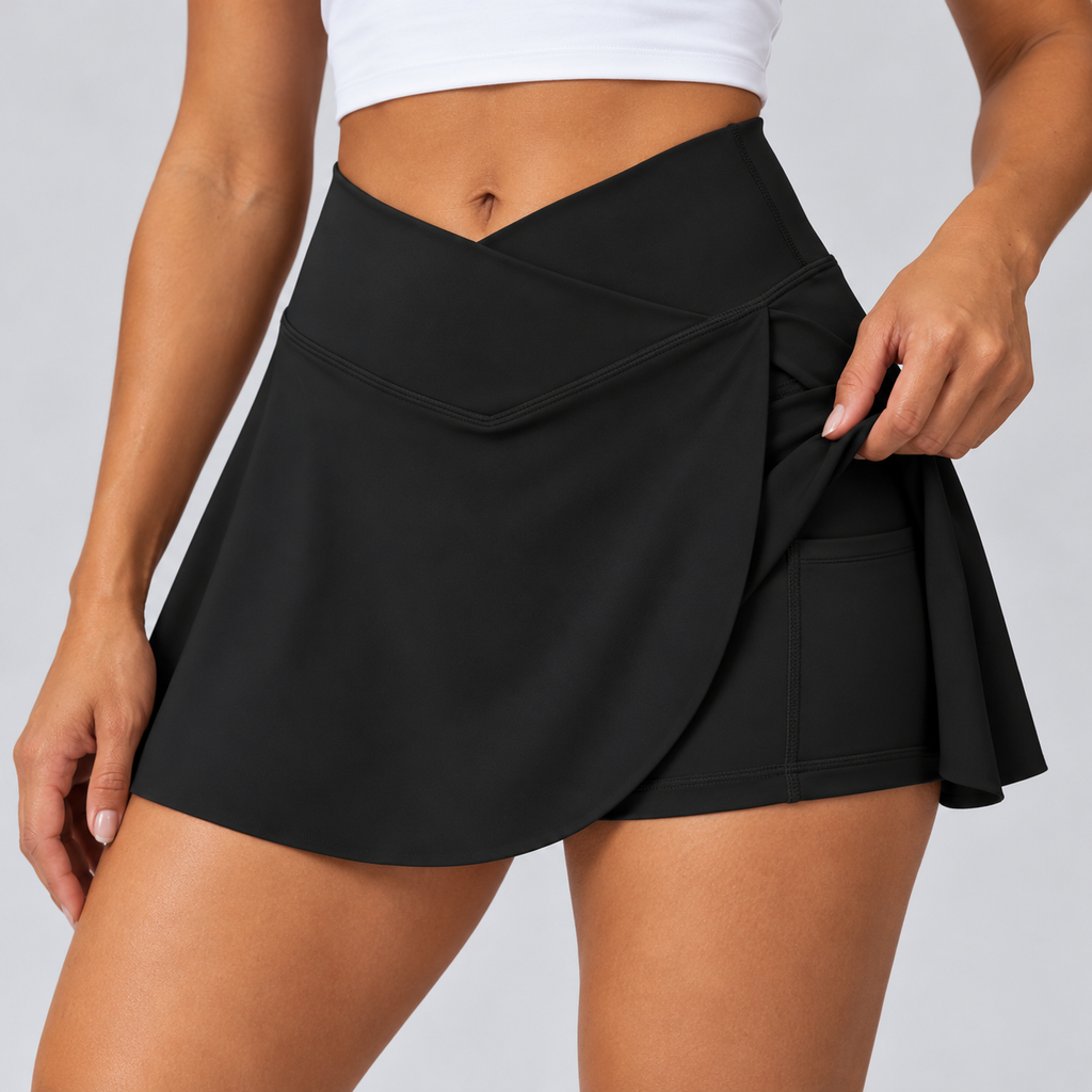 NAYAH black skort — fabric and inner shorts pocket detail