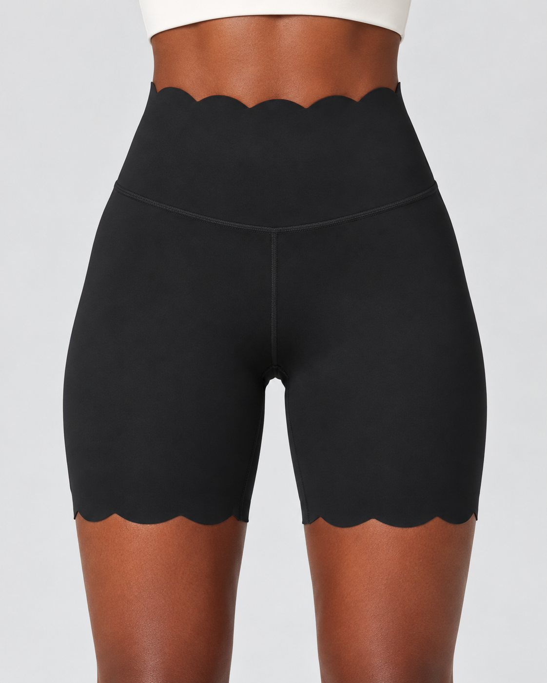SELMA BLACK scalloped high-waisted biker shorts - fabric-detail view