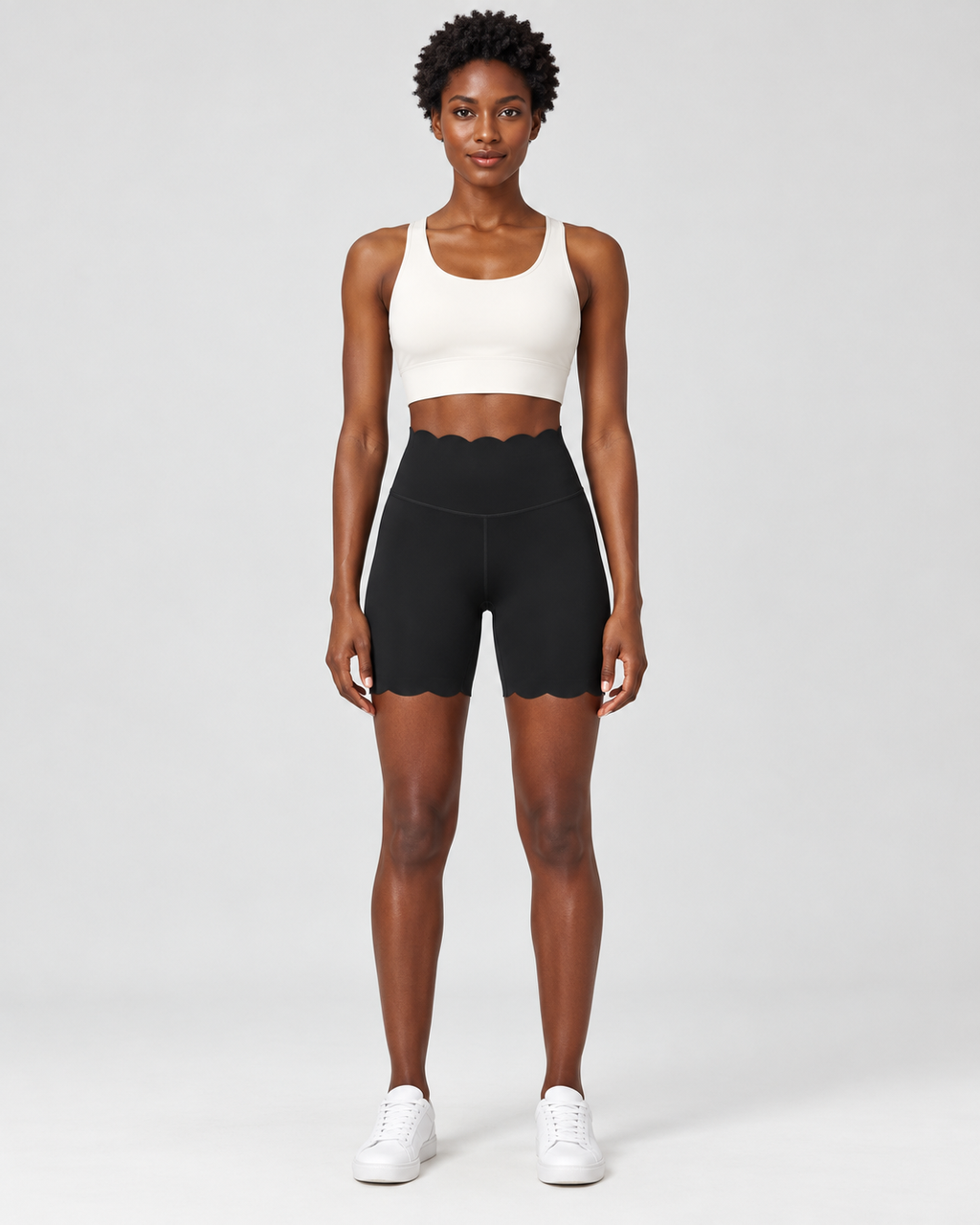 SELMA BLACK scalloped high-waisted biker shorts - front view