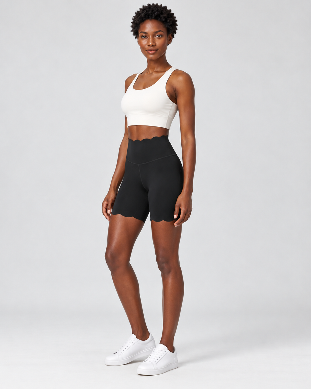 SELMA BLACK scalloped high-waisted biker shorts - three-quarter view
