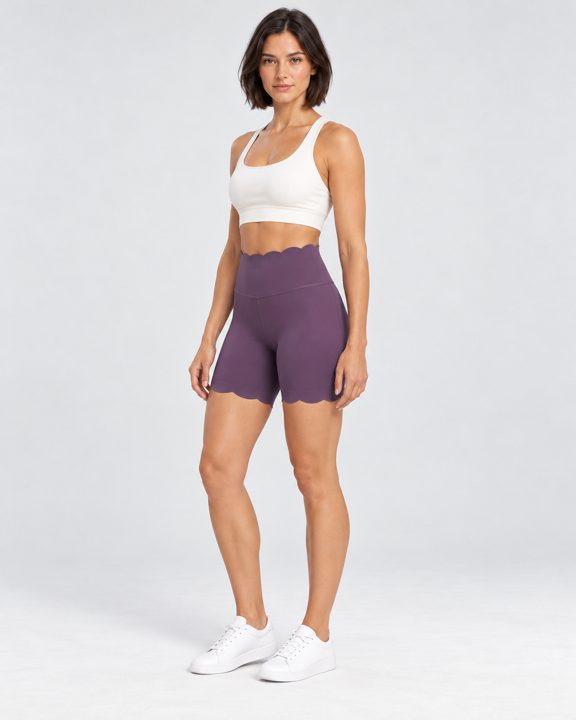 SELMA COMPLEX PURPLE scalloped high-waisted biker shorts - three-quarter view
