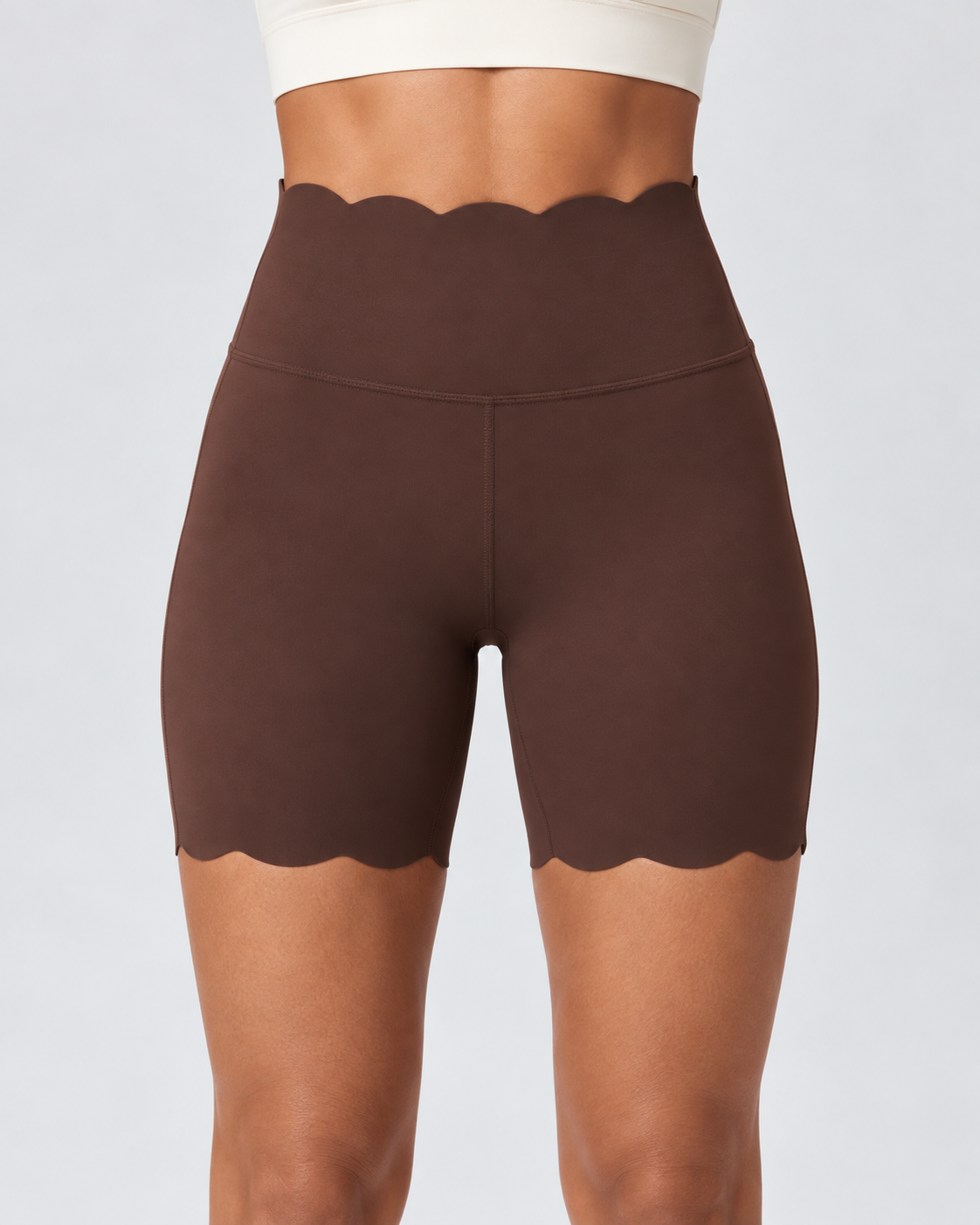 SELMA DISTILLED COFFEE scalloped high-waisted biker shorts - fabric-detail view