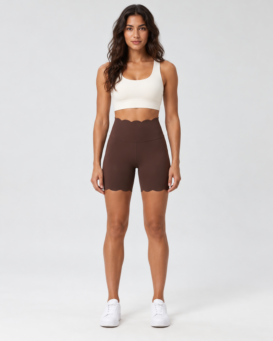 SELMA DISTILLED COFFEE scalloped high-waisted biker shorts - front view