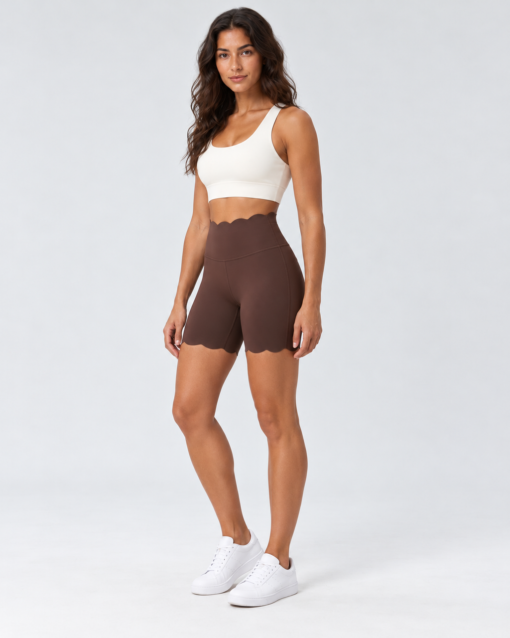 SELMA DISTILLED COFFEE scalloped high-waisted biker shorts - three-quarter view