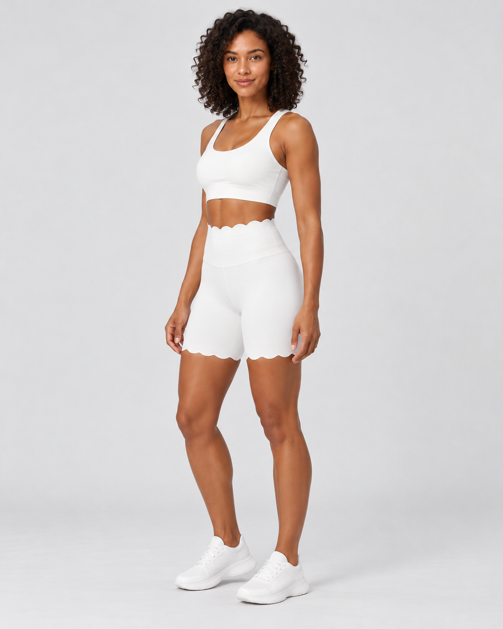 SELMA FAIRY WHITE scalloped high-waisted biker shorts - three-quarter view