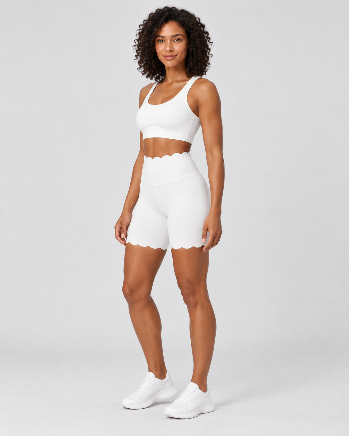SELMA FAIRY WHITE scalloped high-waisted biker shorts - three-quarter view
