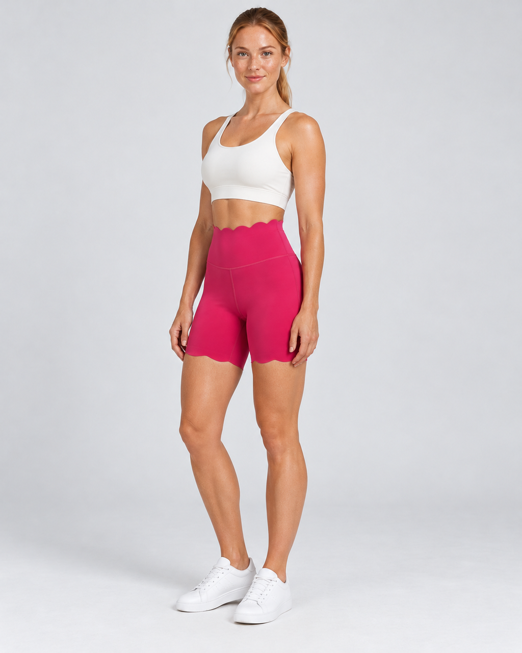 SELMA ROSY RED scalloped high-waisted biker shorts - three-quarter view