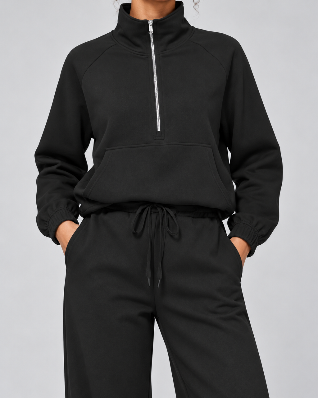 SOFI half zip sweatshirt and wide leg trousers set - black - fabric detail