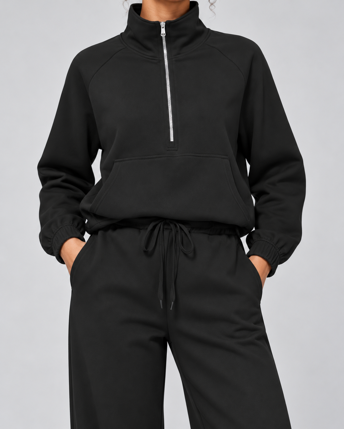 SOFI half zip sweatshirt and wide leg trousers set - black - fabric detail