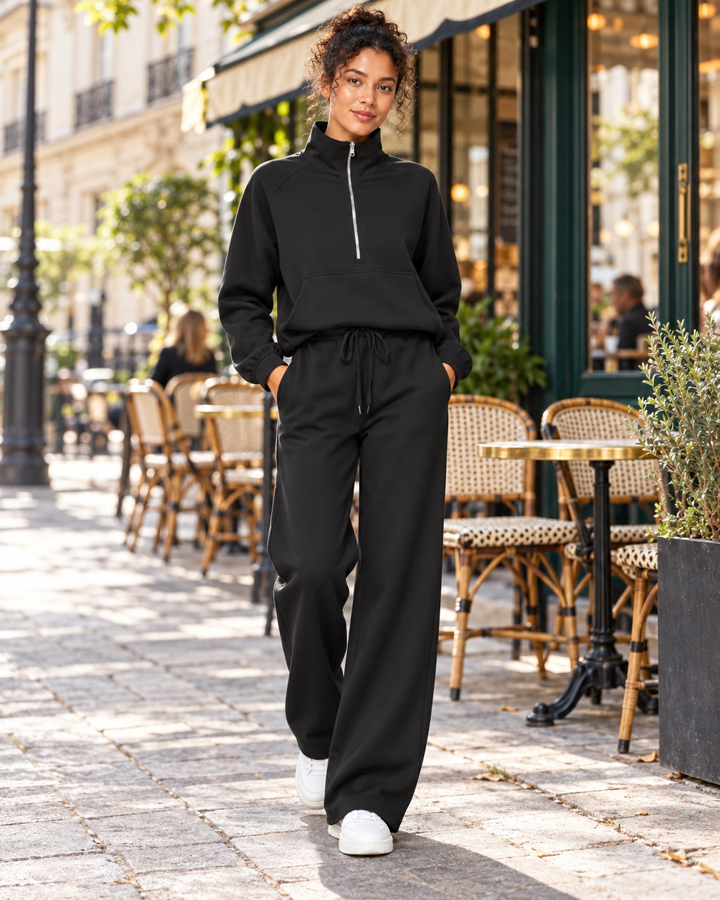 SOFI half zip sweatshirt and wide leg trousers set - black - lifestyle