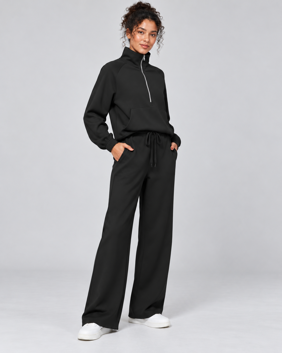 SOFI half zip sweatshirt and wide leg trousers set - black - three quarter