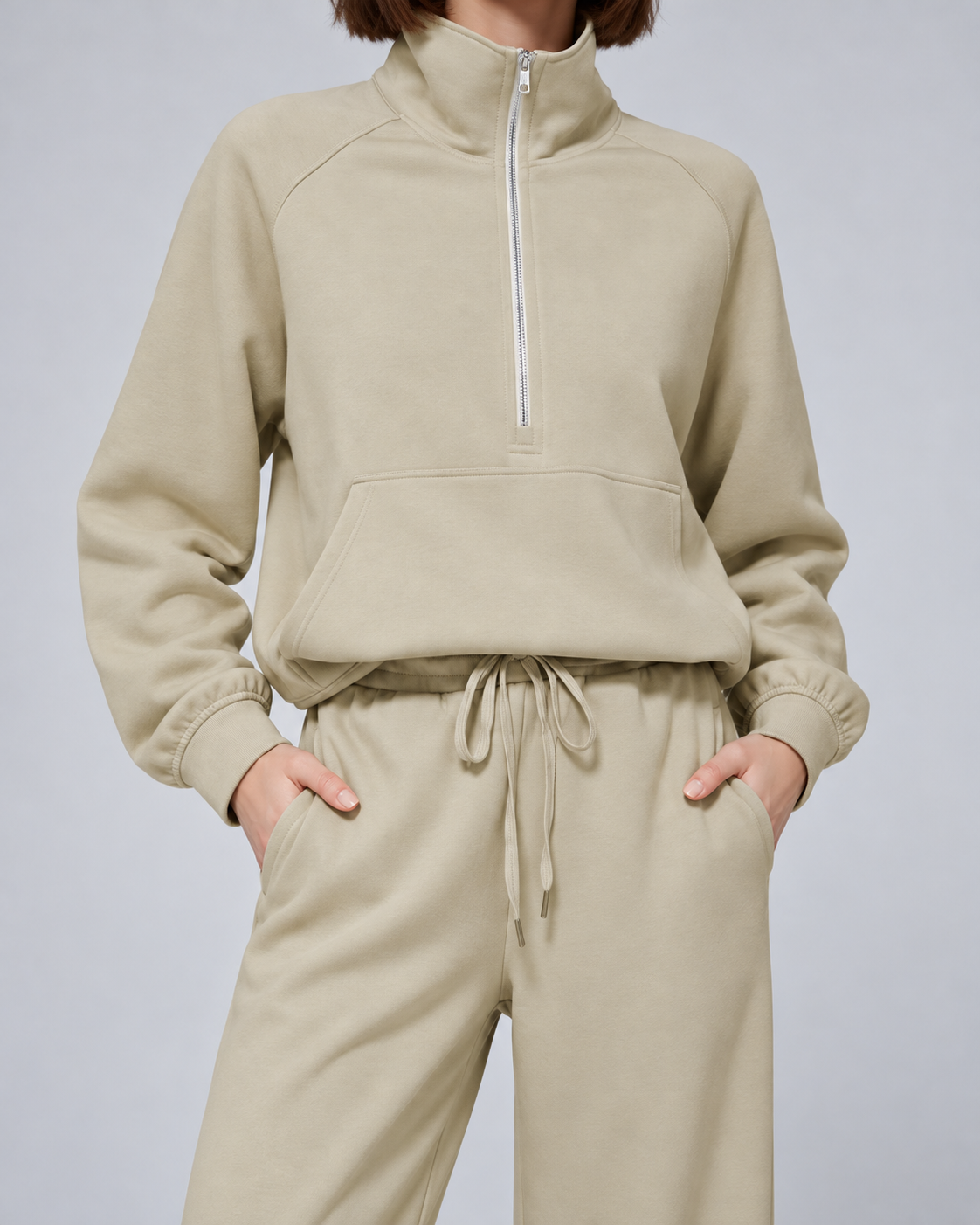 SOFI half zip sweatshirt and wide leg trousers set - khaki - fabric detail
