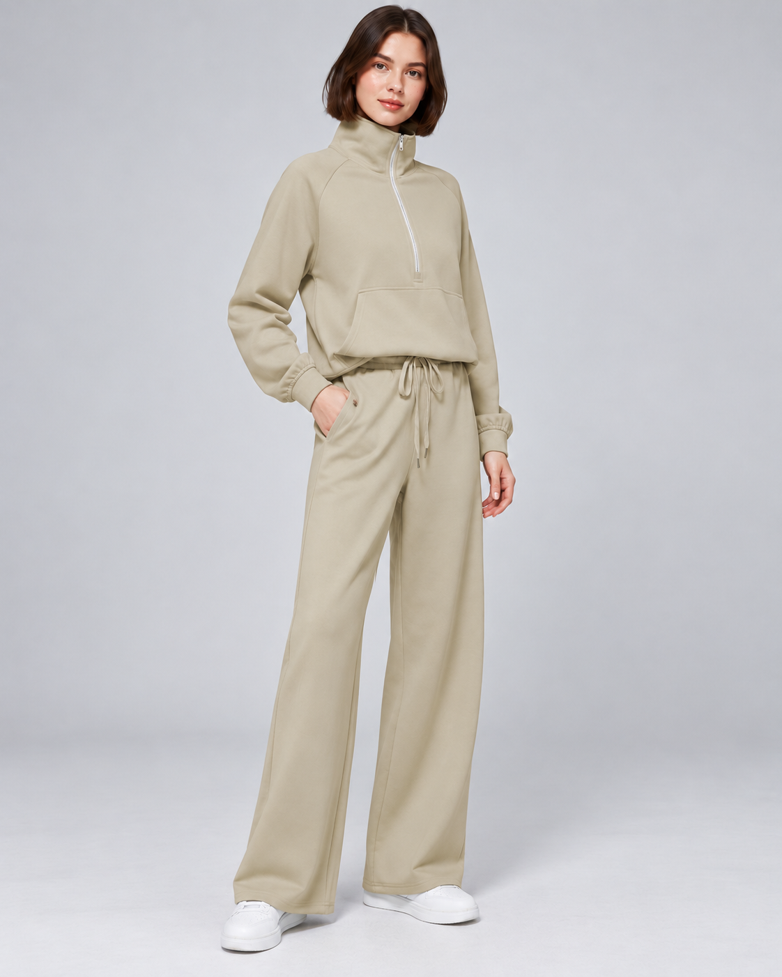 SOFI half zip sweatshirt and wide leg trousers set - khaki - three quarter