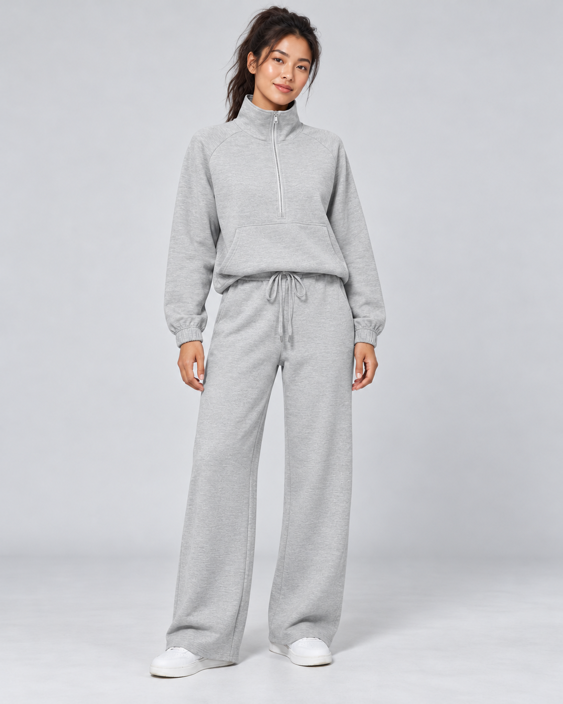 SOFI half zip sweatshirt and wide leg trousers set - light grey - front