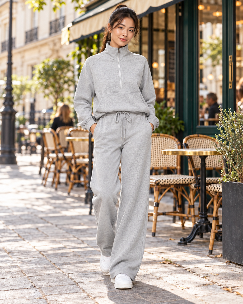SOFI half zip sweatshirt and wide leg trousers set - light grey - lifestyle