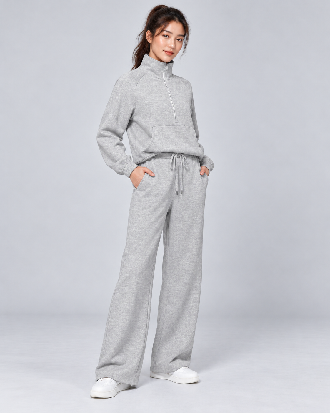SOFI half zip sweatshirt and wide leg trousers set - light grey - three quarter