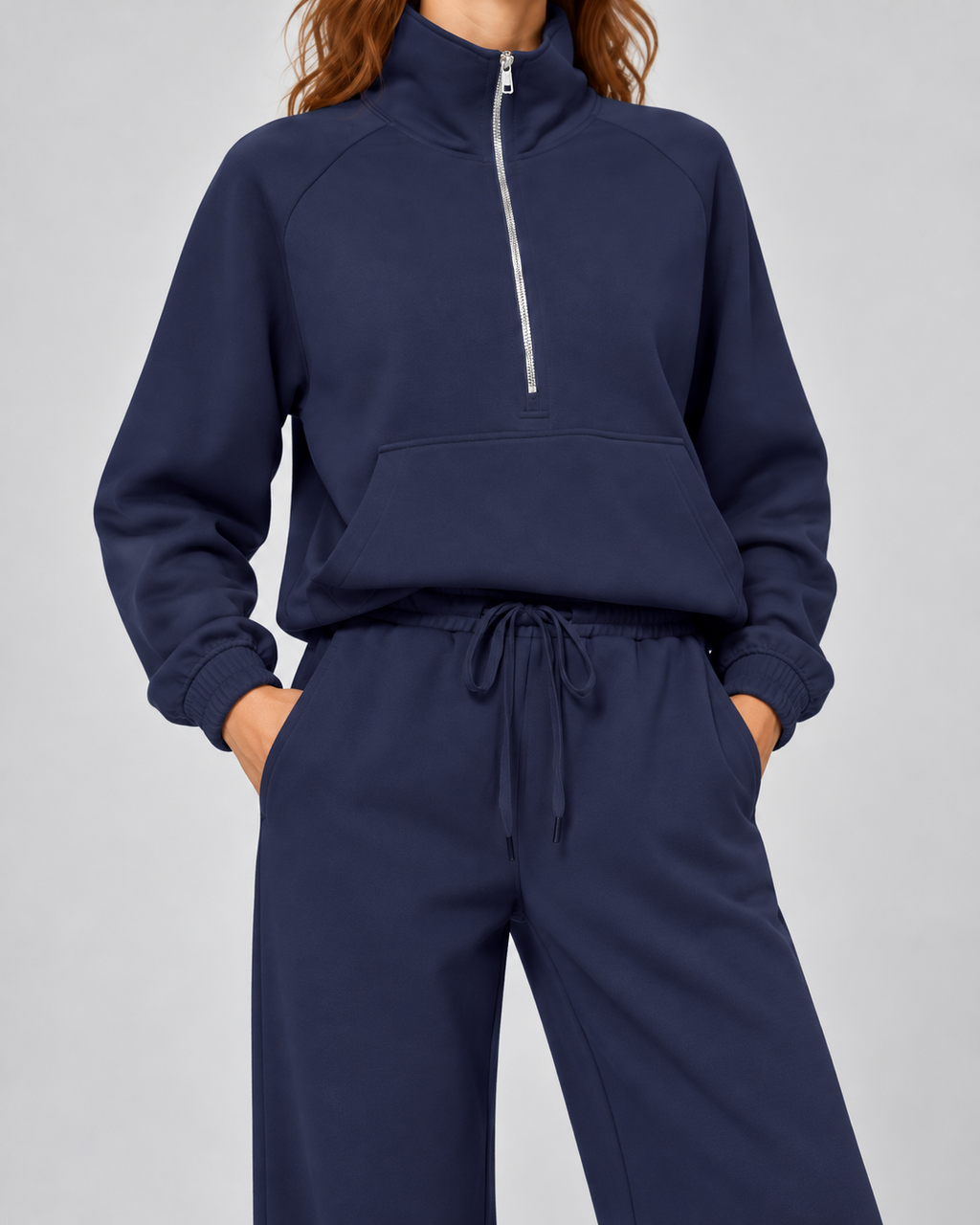 SOFI half zip sweatshirt and wide leg trousers set - navy blue - fabric detail