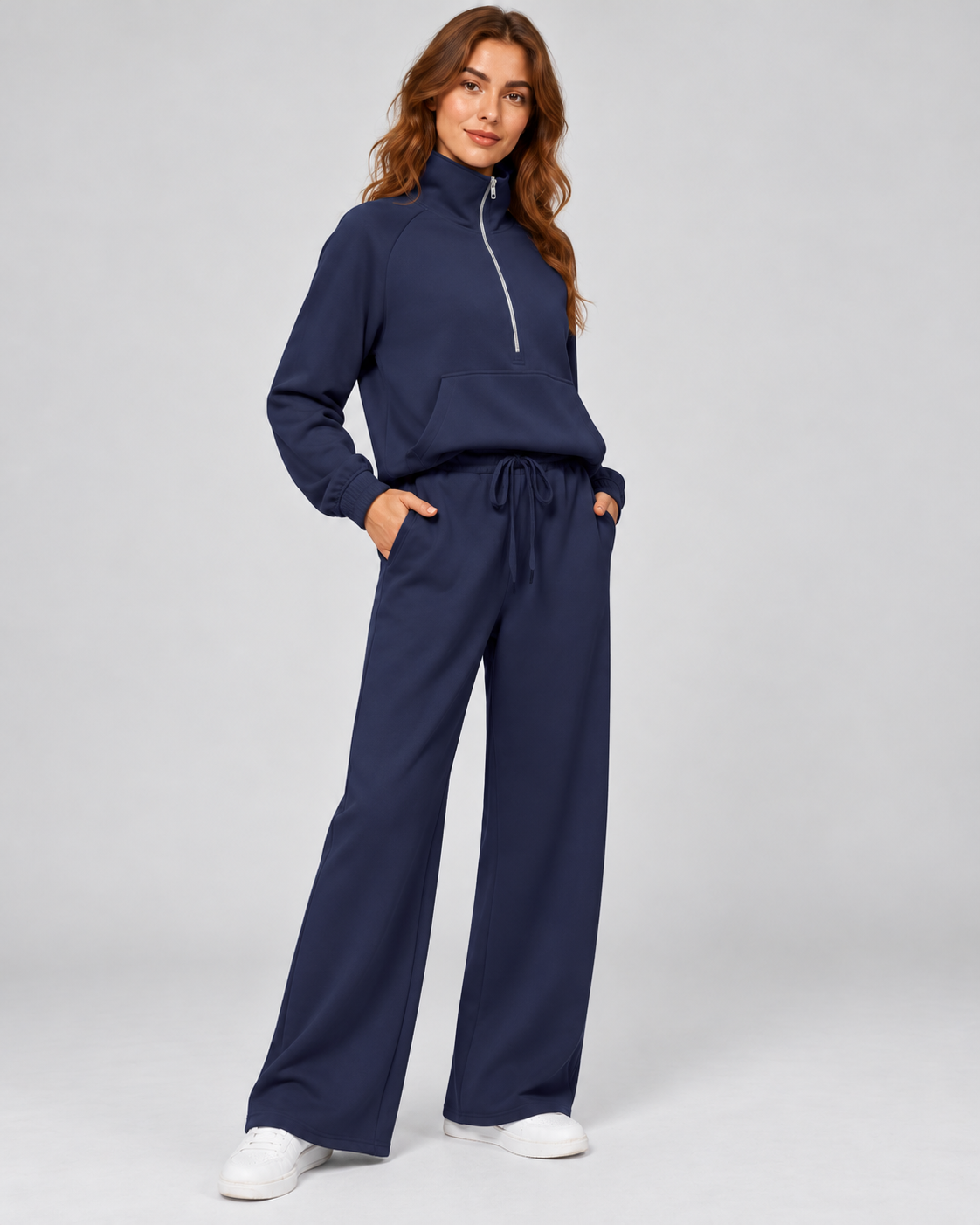 SOFI half zip sweatshirt and wide leg trousers set - navy blue - three quarter