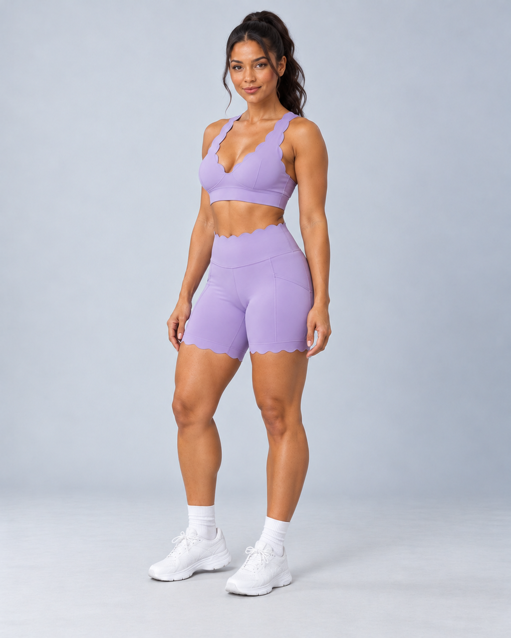 TYLA taro purple coordinated top and shorts — three quarter view